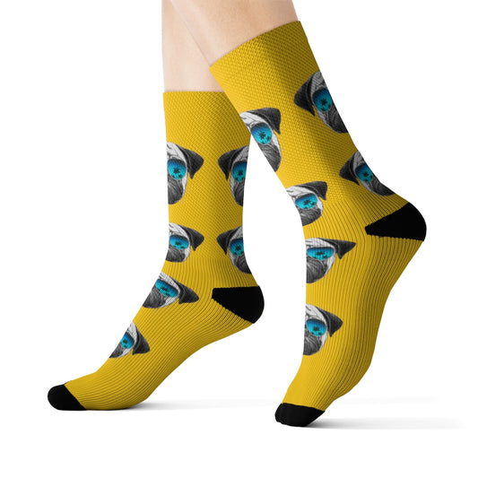 Novelty Socks with a Pug Wearing Sunglasses: mustard yellow, black pug dog faces, playful cartoon style