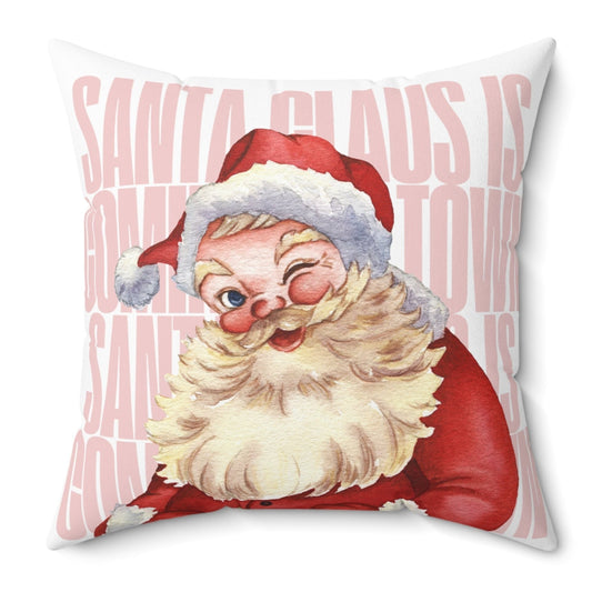 Faux Suede Santa Claus Cushion for the Upcoming Festive Season: white, red Santa Claus, vintage cartoon holiday illustration