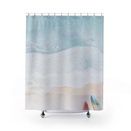 Beach and Ocean Waves Shower Curtain: pale blue, white beach/ocean theme, minimal watercolor style