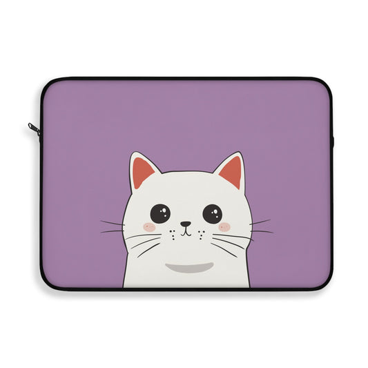 Cute Feline Laptop Cover: purple, white cat, kawaii cartoon style