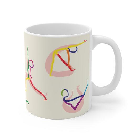 Mug with Yoga Poses Illustrated by Stick Figures for Tea or Coffee: off-white, pink mug, minimal abstract style