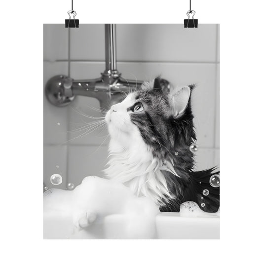 Bathroom Wall Art Print featuring Feline in Tub Decoration: black, white long-haired cat in a bathtub, realistic photographic