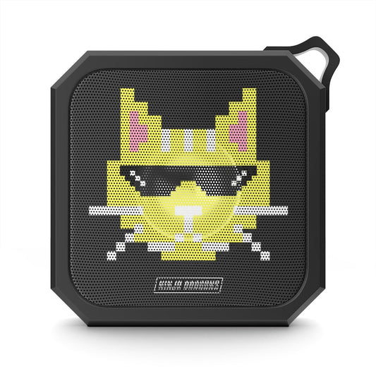 Pixelated Feline Ninja Bluetooth Speaker with Shades and Water-resistant Design: black, dark gray cartoon cat, cartoon pixel