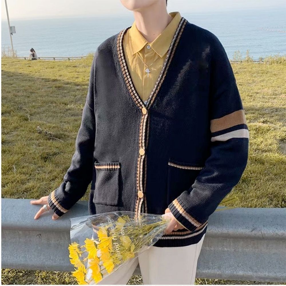 Men's Cardigan with Front Pockets - V Neck Design