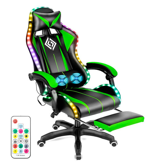 LED Gaming Chair with Built-In Footrest and Massaging Function: black, bright green gaming chair with footrest and remote con