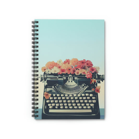 Spiral Notebook with Vintage Typewriter Design: light blue, black vintage typewriter with flowers, vintage illustrated floral
