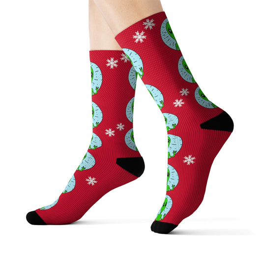 Bizarre Extraterrestrial Socks for Vacation: red, green green cartoon faces/characters with snowflakes