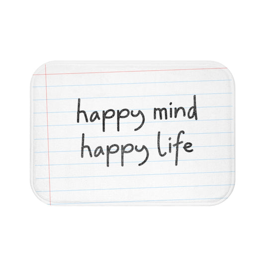Pencil Font Bath Mat for a Joyful Mind and Body: white, light blue "happy mind happy life" text, minimal style