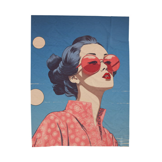 Sakura Blossom Japanese Style Blanket: blue, coral pink stylized woman wearing sunglasses, retro cartoon illustration style