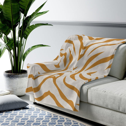 Plush Throw with Leopard Print Stripes: white, mustard yellow throw blanket, modern abstract style