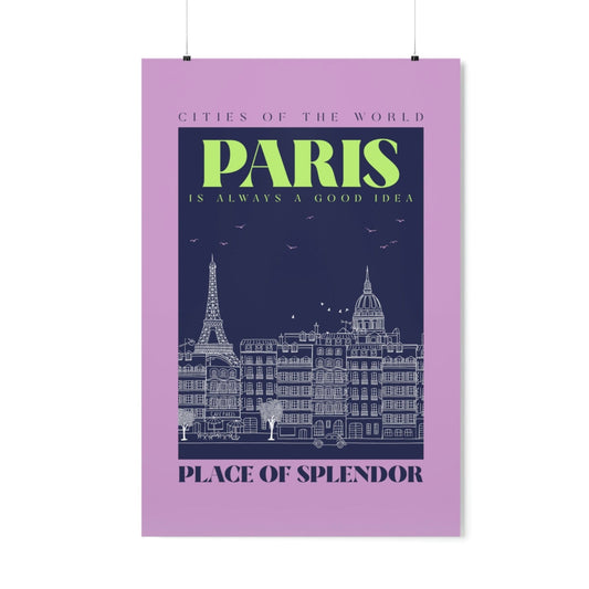 Cityscape of Paris Poster: pink, dark navy blue Paris cityscape, vintage travel poster graphic style