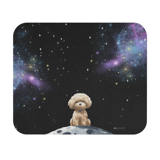 Pookie Universe Mouse Mat: black, purple small fluffy dog in outer space, cartoon style