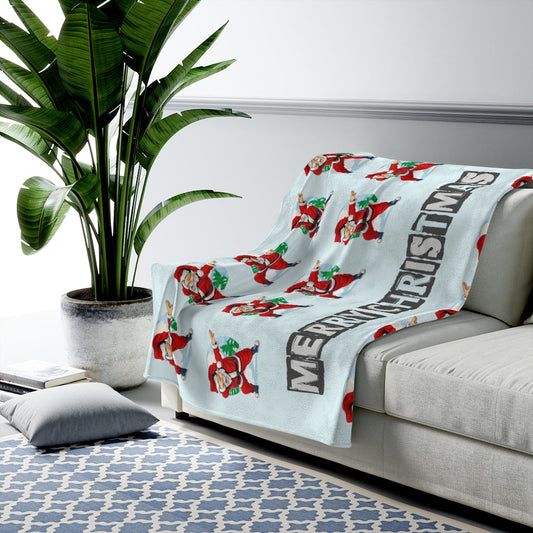 Santa Dancing Plush Velveteen Throw: light blue, red Christmas gnomes, cartoon holiday style