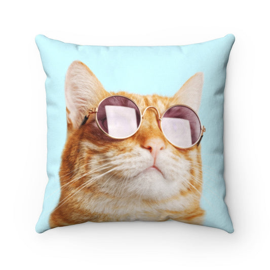 The Feline Supremacy Square Pillow - Available in 4 Sizes: light blue, orange orange tabby cat wearing round sunglasses, play