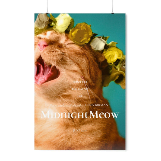 Cat Movie Poster: Midnight Meow: orange, cream orange cat wearing a flower crown, whimsical photographic editorial style
