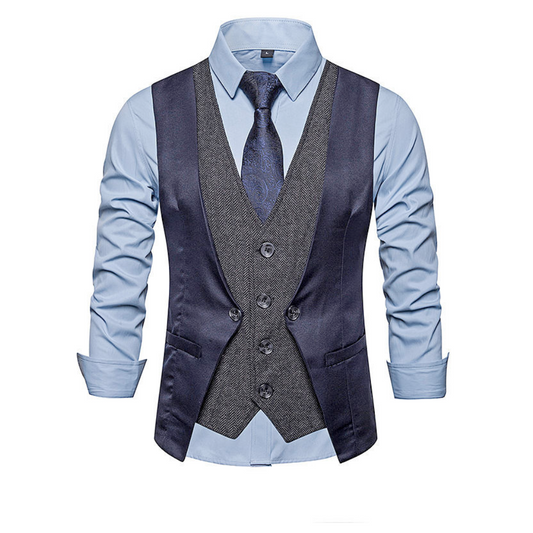 Dual Layer Men's Dress Vest: light blue, dark navy men's formal outfit ensemble