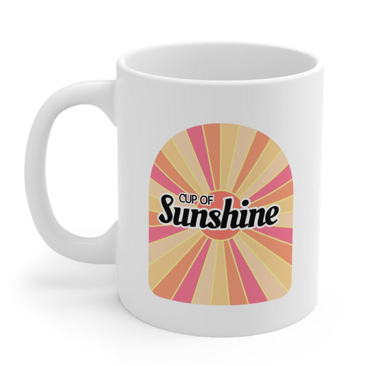Sunshine Mug for Coffee and Tea Beverage: white, yellow sunshine theme, retro graphic style