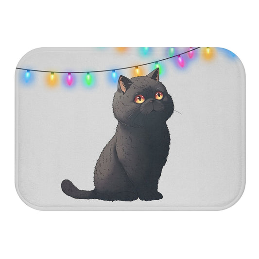 Black Cat Bath Mat - Festive Edition: light gray, dark gray black cat with colorful string lights, cartoon style
