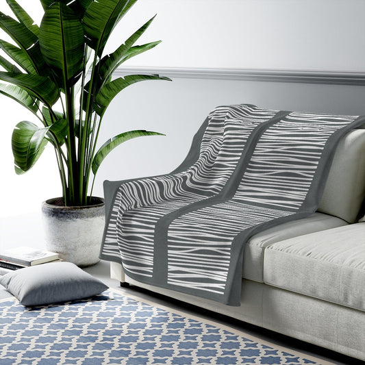 Plush Throw Blanket with Abstract Dark Gray Lines: dark gray, white throw blanket, modern minimalist style