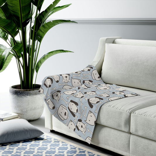 Plush Throw Blanket with Canine Design: light gray, dark gray cartoon dogs