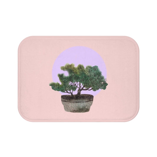 Series 3 Bonsai Tree Bath Mat: pale pink, lavender bonsai tree, minimal botanical illustration style