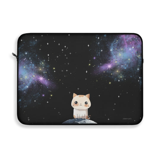 Cosmic Nebula Laptop Case by Starry Fluff: black, dark blue cartoon cat in outer space, cute cartoon space theme style
