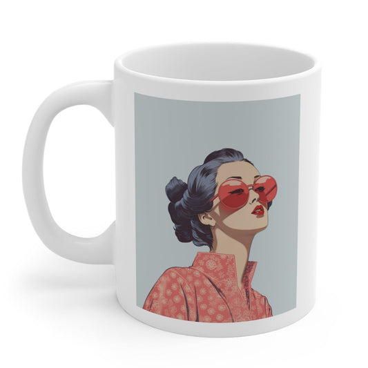 Sakura Blossom Kimono Mug: white, light blue-gray stylized woman wearing red sunglasses, fashion illustration, cartoon style