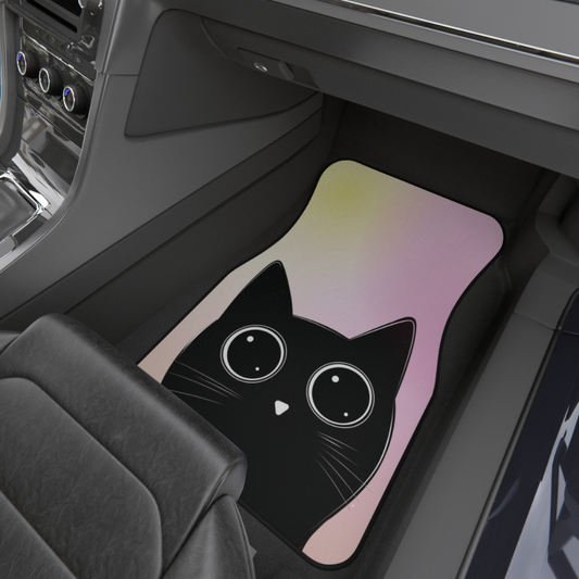 Charming Feline Vehicle Floor Mats (Set of 2): black, pink black cat, kawaii cartoon style