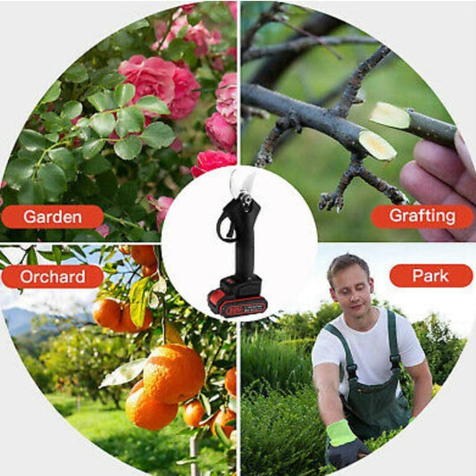 Cordless Pruning Shears with Rechargeable Battery: black, red handheld garden grafting tool, product advertisement collage st