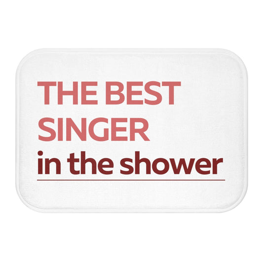 The Top Vocalist Shower Red Bath Mat: white, red rectangular mat, minimal typography style