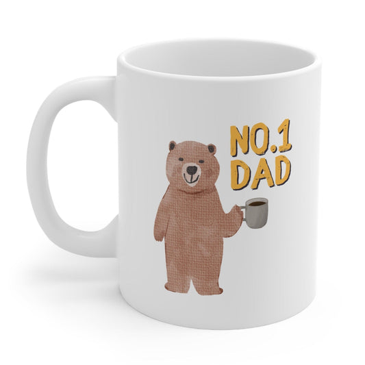 Top Dad Teddy Bear Mug for Tea and Coffee: white, brown bear, cartoon style