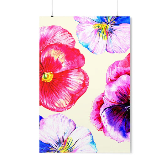 Lively Flower Print: cream, pink pansy flowers, botanical watercolor illustration style
