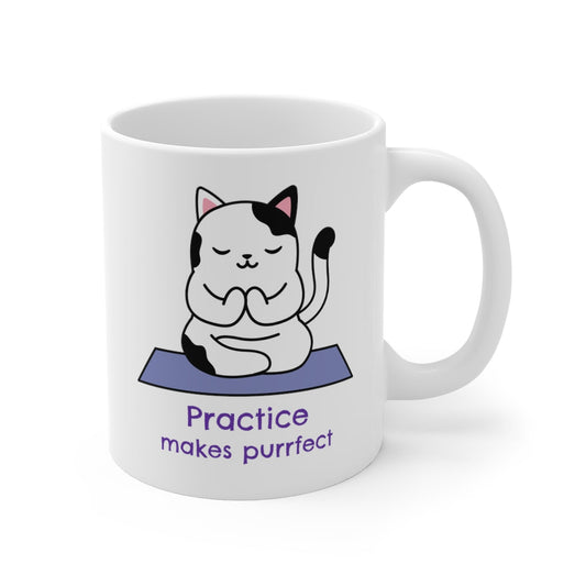 Practice Makes Purrfect, Yoga Themed Mug: white, black cartoon cat, cute cartoon/kawaii style