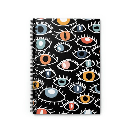 Spiral Notebook with Egyptian Eye Design: black, white eye pattern, cartoon graphic pattern style