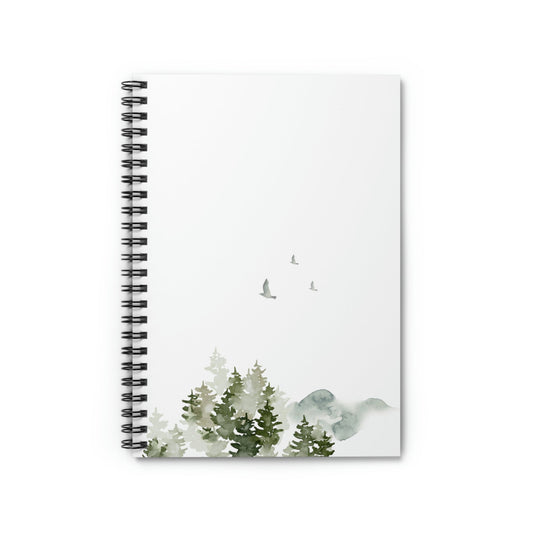 Spiral Notebook for Birds and Nature: white, black forest and birds, minimal watercolor nature illustration style