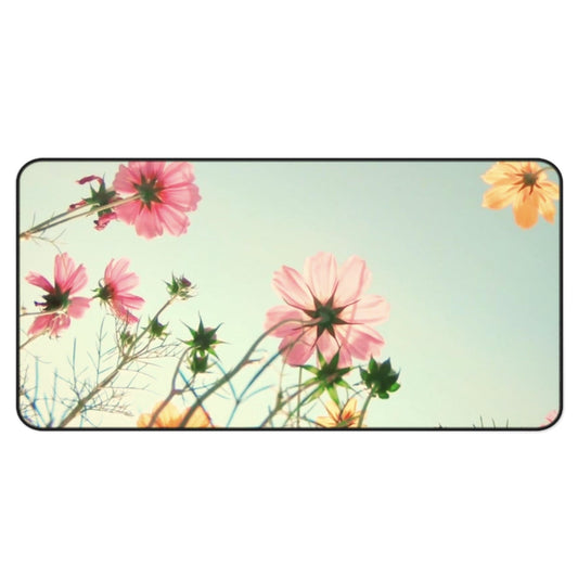 Field of Blooms Desk Pad: pale mint green, pink flowers, photographic floral style