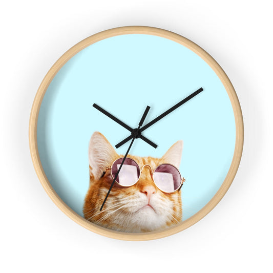 The Right Cat Wall Clock: light blue, natural wood beige orange tabby cat, playful cartoon-like photo design style