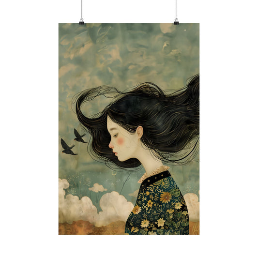Girl Poster: Emotions in Tangle: green, black illustrated woman with flowing black hair and birds, stylized painterly illustr