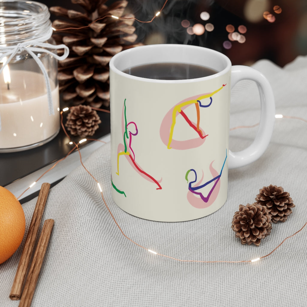 Mug with Yoga Poses Illustrated by Stick Figures for Tea or Coffee