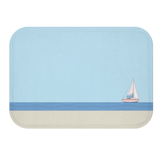Ocean Adventure Sailboat Bath Mat: light blue, blue sailboat ocean scene, minimal nautical illustration style