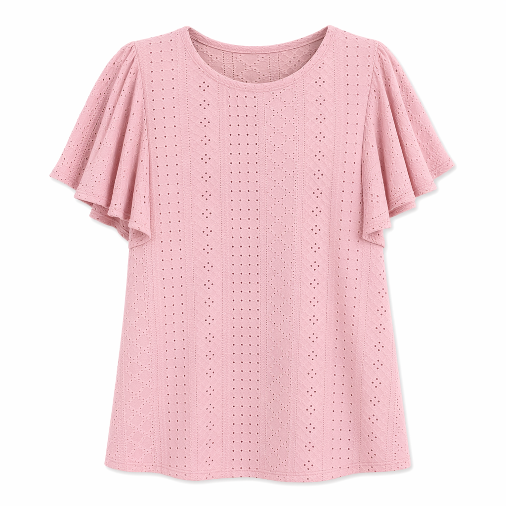 Ruffled Round Neck Top for Women with Cap Sleeves Pink
