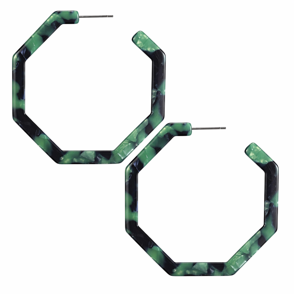 Resin Hoop Earrings with Geometric Design Dark Green