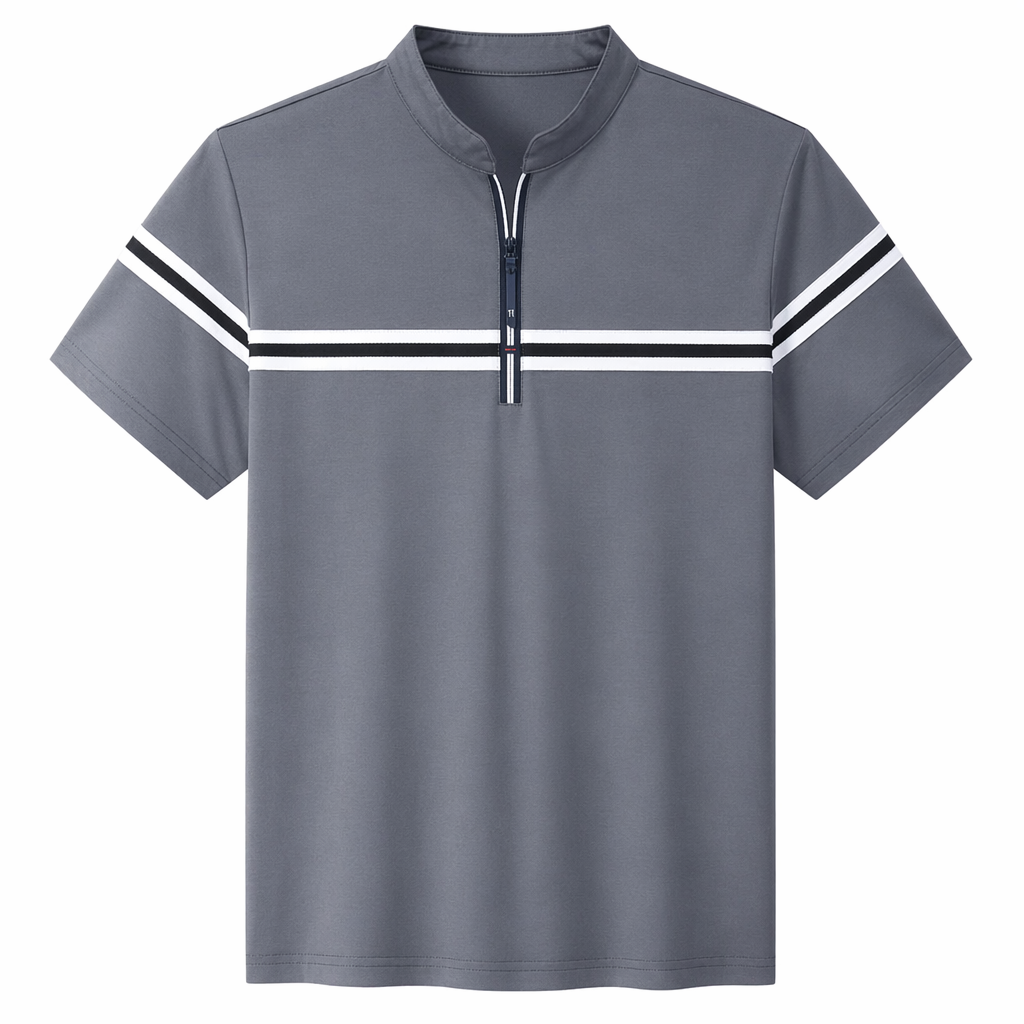 Stand Collar Men's Polo Shirt with Stripes Dark Gray