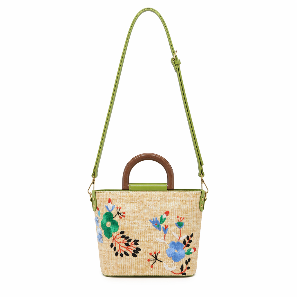 Straw Crossbody Bag with Beautiful Embroidery Green