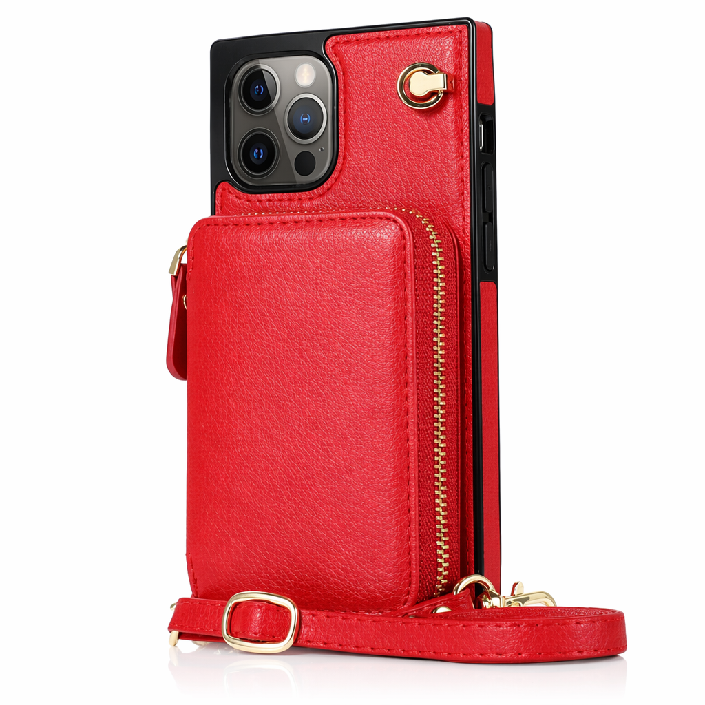 Adjustable Crossbody Strap Zippered Wallet Case for iPhone - Ensuring Clarity and Distinction from the Original Product Red