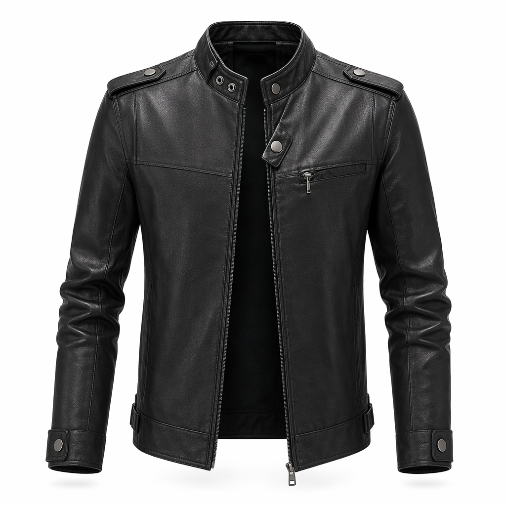 Faux Leather Motorcycle Jacket with Stand Collar for Men Black