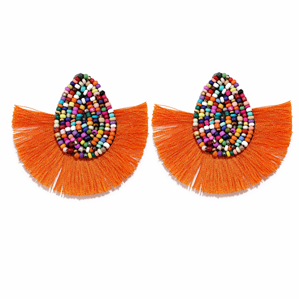 Vibrant Tasseled Waterdrop Earrings with Beaded Accents Orange