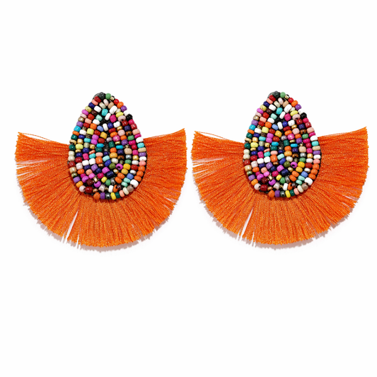 Vibrant Tasseled Waterdrop Earrings with Beaded Accents Orange