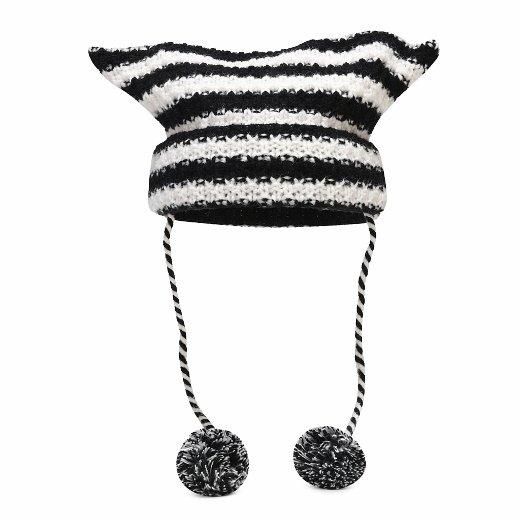 Striped Knitted Beanie for Adults black white with pom