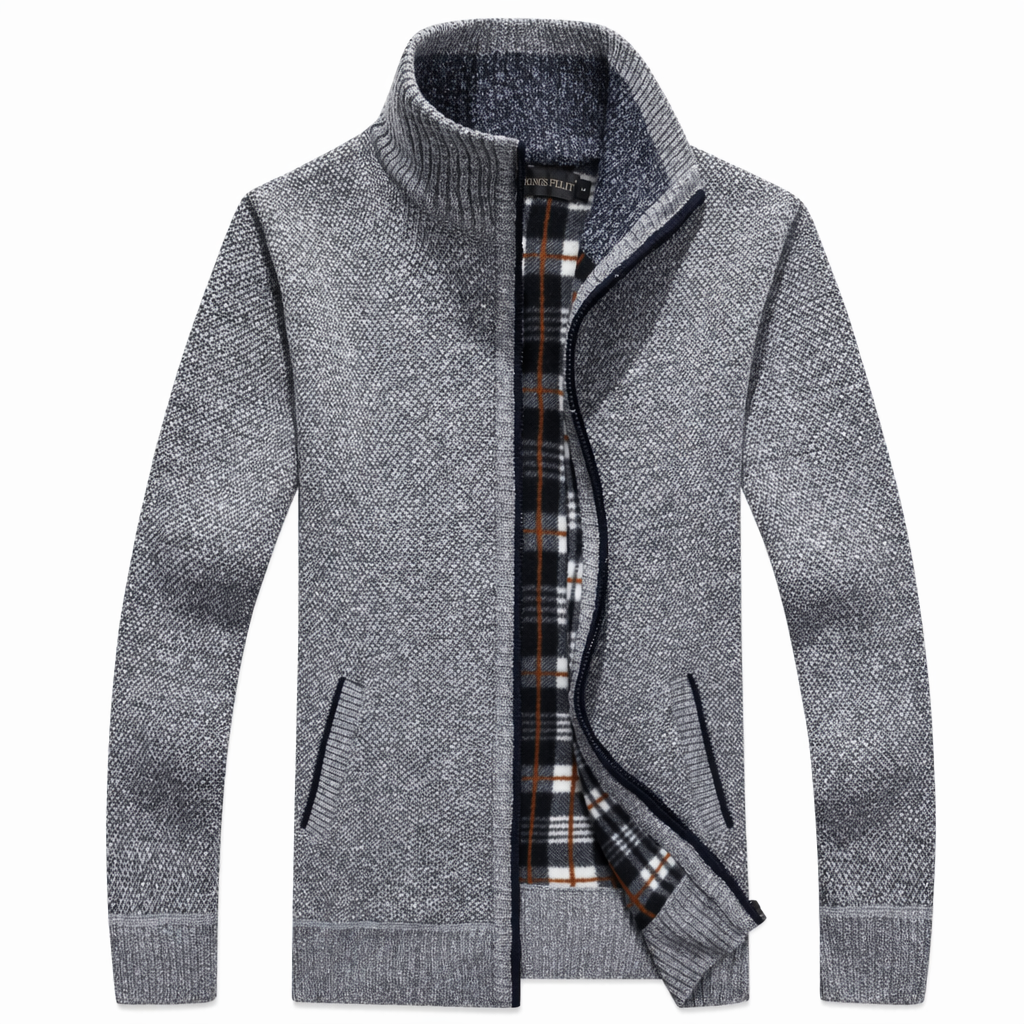 Slim Fit Zipper Cardigan for Men with Stand-Up Collar Light Gray